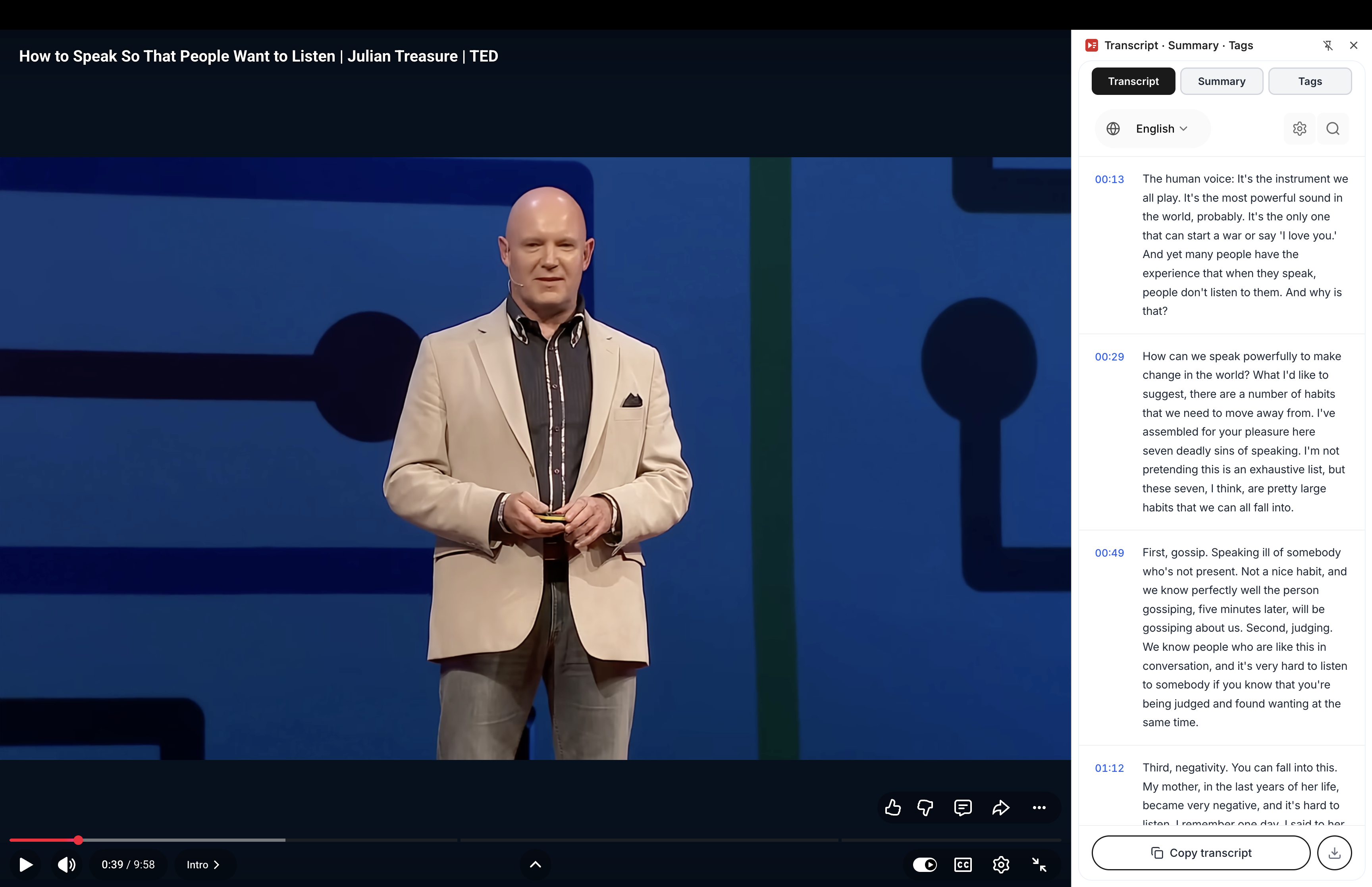 Youtube Video Transcript Chrome extension showing the transcript panel on a TED Talk video