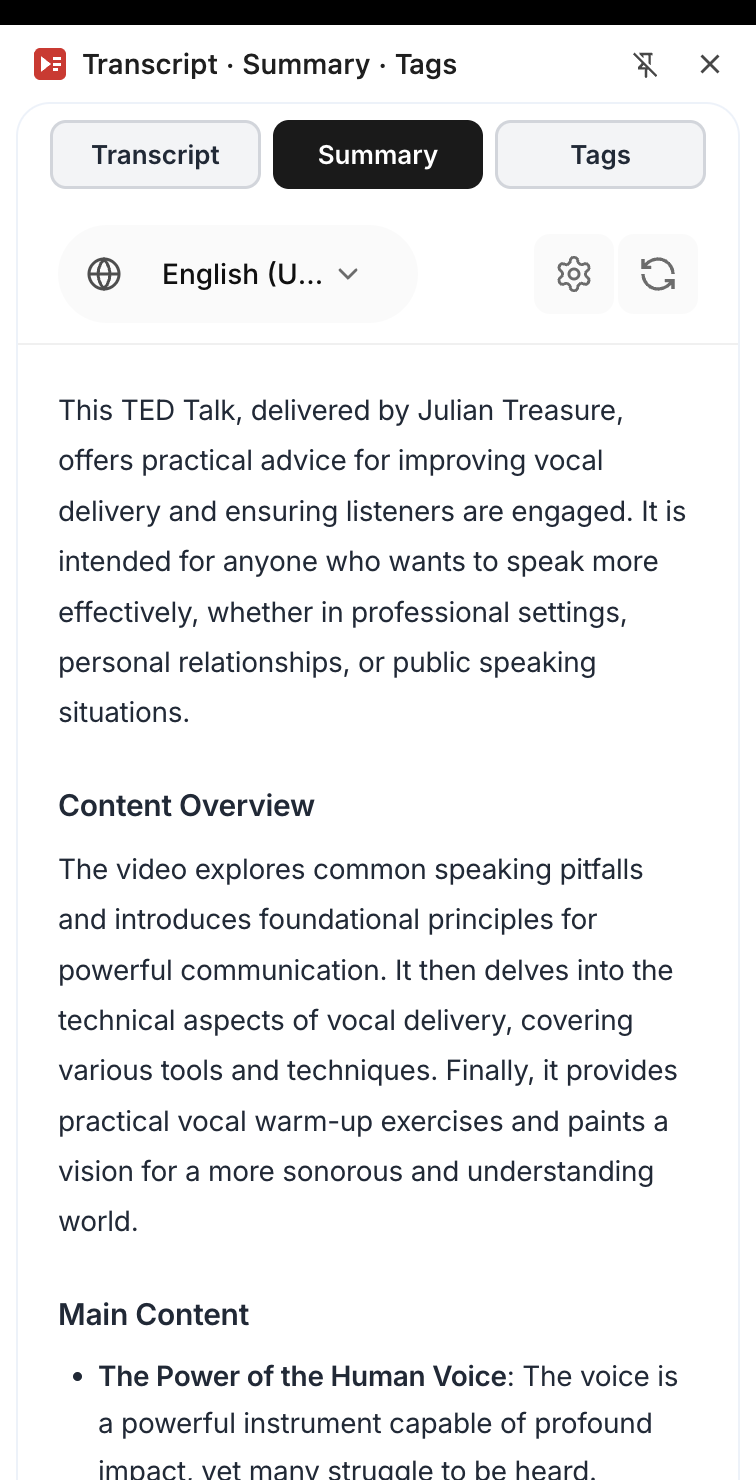 AI summary of a YouTube video — key points streamed live in the extension side panel