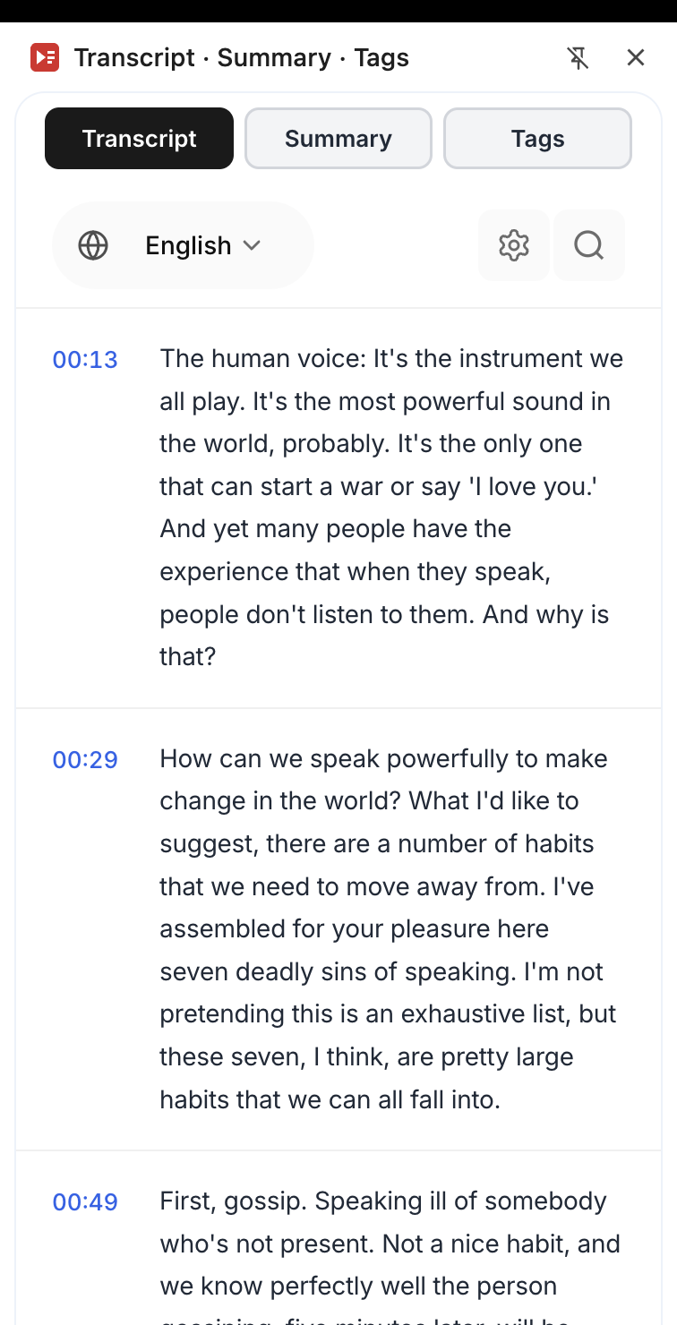 Full YouTube video transcript with clickable timestamps in the extension side panel